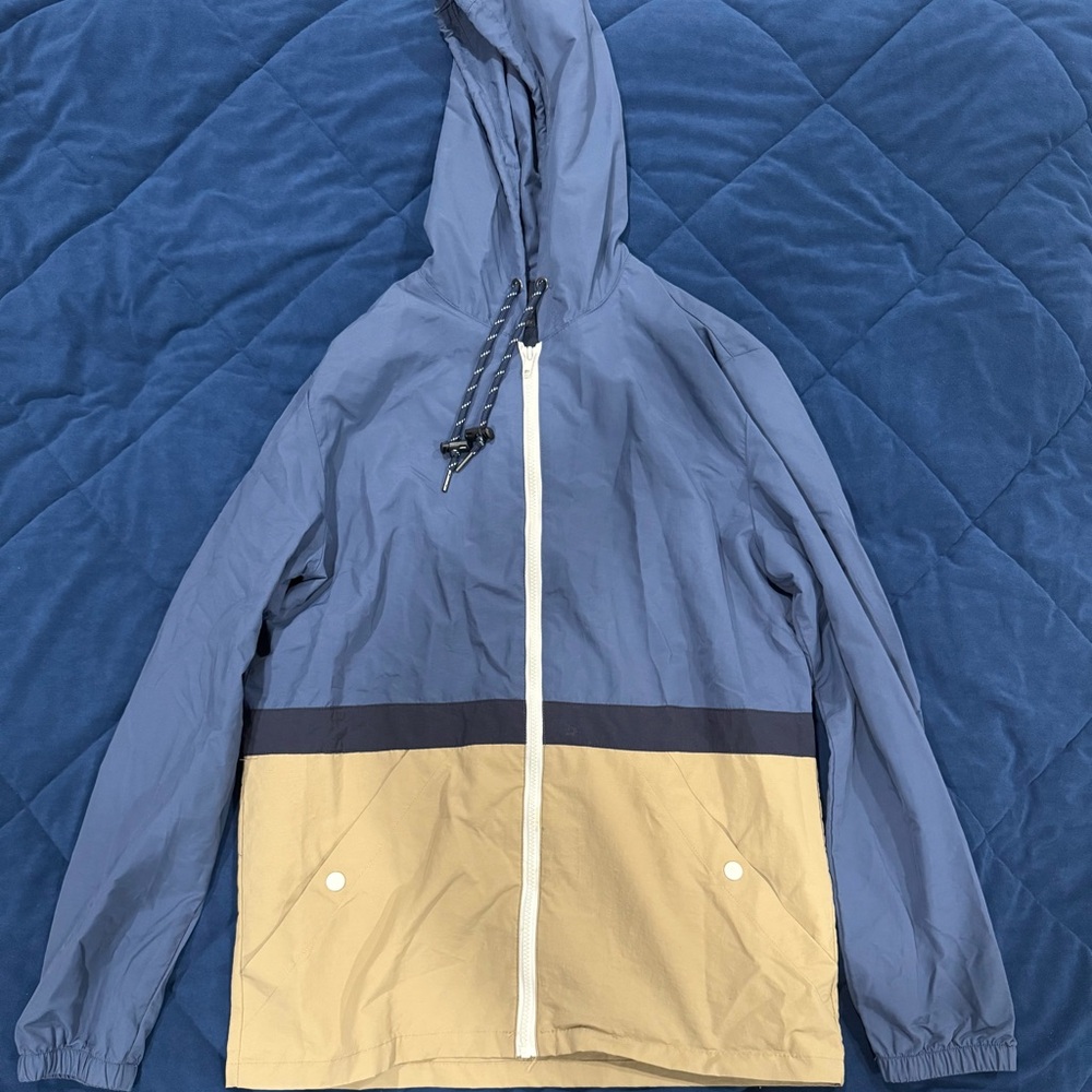 Blue and Tan Hooded Windbreaker